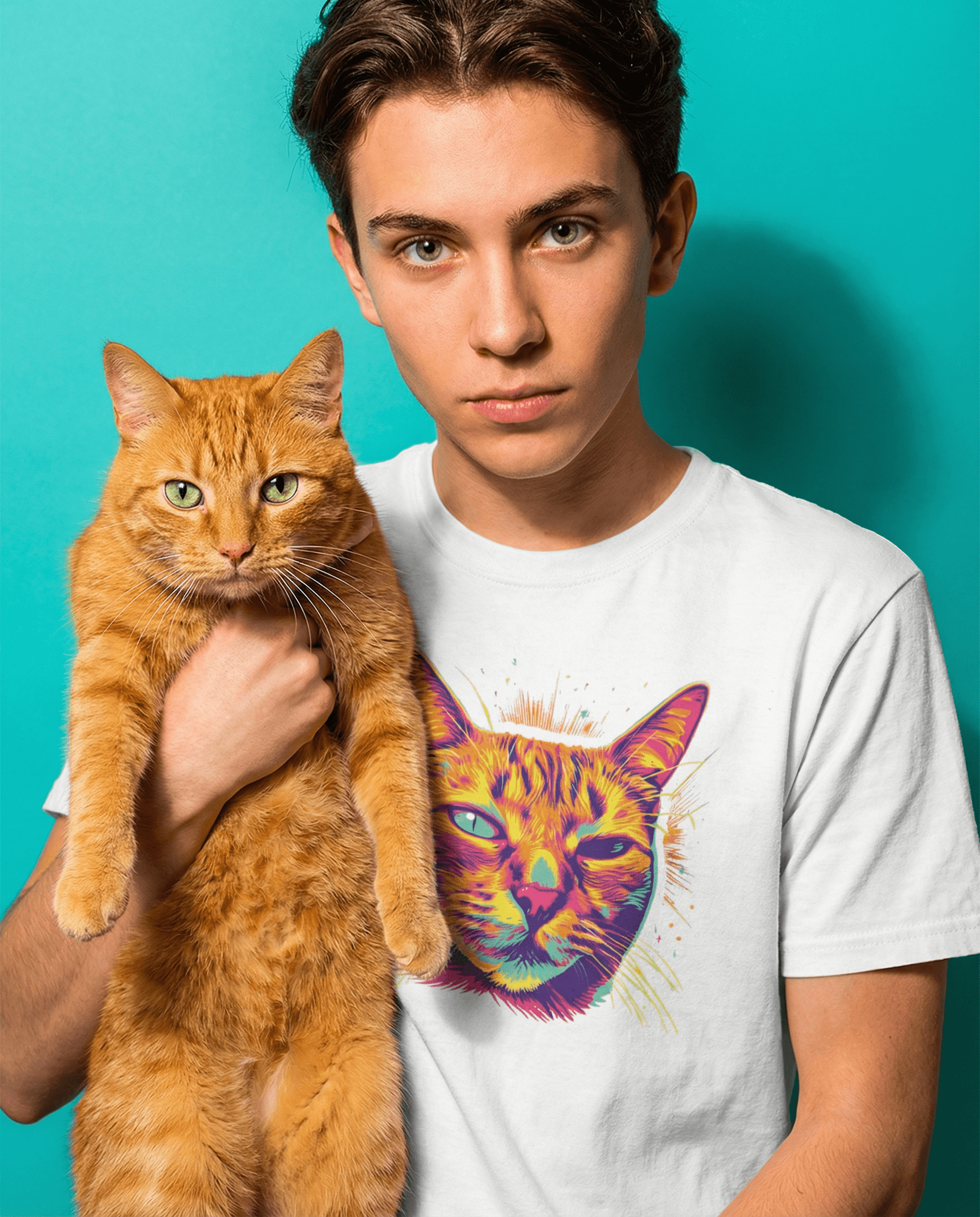 Cat Core model wearing colorful cat print tee with orange cat